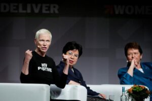 (L-R) Annie Lennox, Margaret Chan and Gro Harlem Brundtland attend the Women Deliver conference in Copenhagen, Denmark, May 16, 2016.